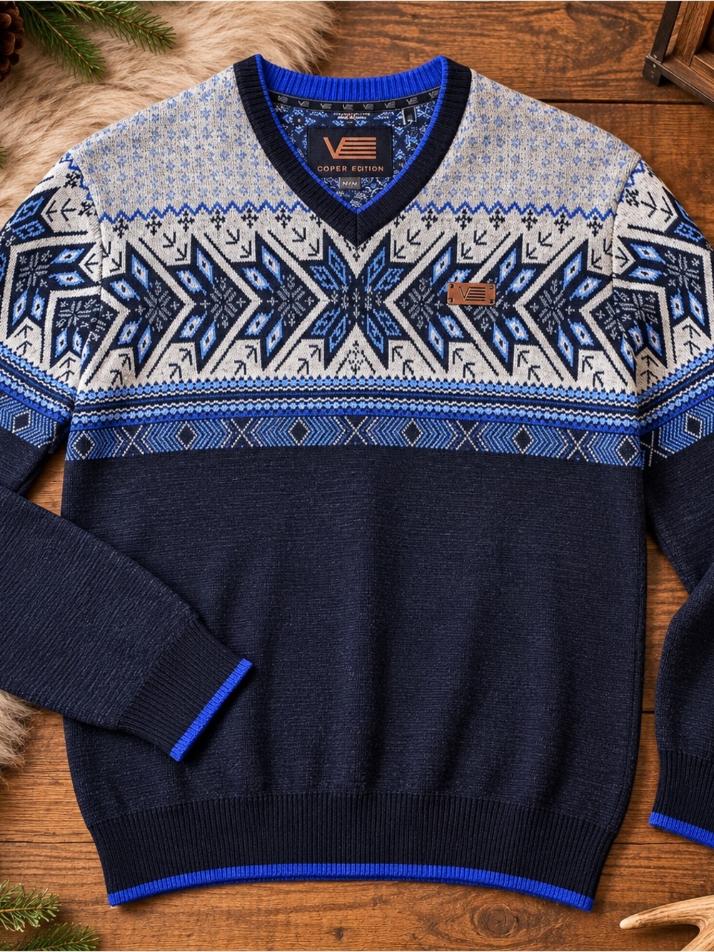 Copper Edition Men’s Fair Isle Nordic Sweater M – Navy Blue V-Neck